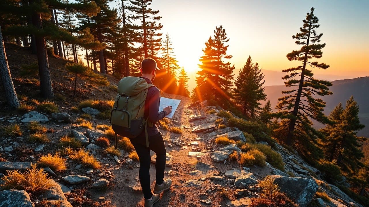 Outdoor scene of hiker on mountain trail at dawn, backpack and map in hand, golden sunlight filtering through trees, rocky path leading to horizon., No infographics and no text
