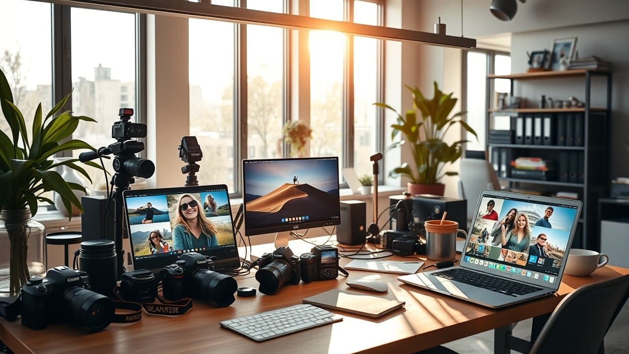 A bustling modern office desk cluttered with cameras, laptops displaying vibrant photos, soft natural light streaming through large windows, capturing creative energy., No infographics and no text