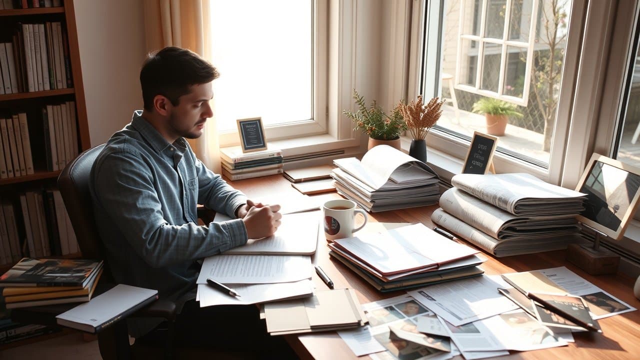 A freelance writer at a cozy desk by window, sunlight streaming in, surrounded by printed articles, coffee mug, and scattered image prints., No infographics and no text
