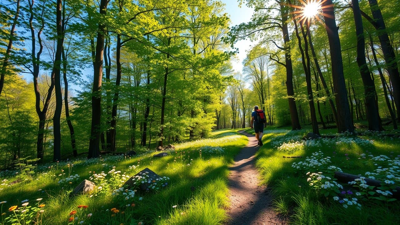 A serene forest path lined with wildflowers, sunlight filtering through green leaves, a hiker in the distance carrying a backpack under clear blue sky., No infographics and no text