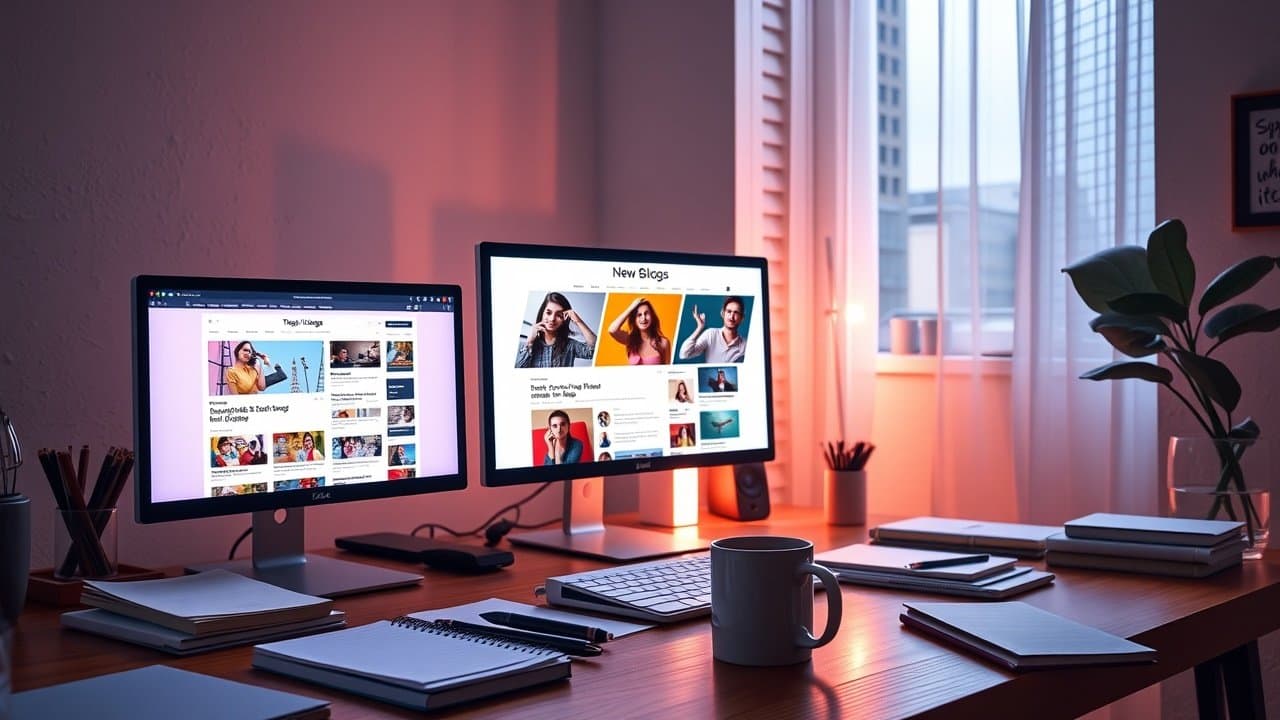A vibrant digital workspace with glowing screens displaying colorful blog images, soft natural light filtering through window, scattered notebooks and coffee mug on wooden desk., No infographics and no text