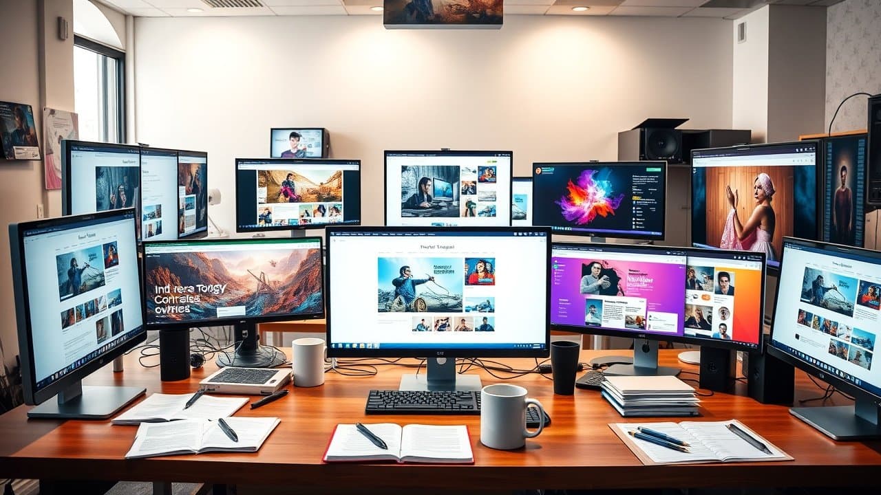 A bustling digital workspace with multiple computer screens displaying vibrant website layouts, soft overhead lighting illuminating scattered notebooks and coffee mugs on wooden desk., No infographics and no text