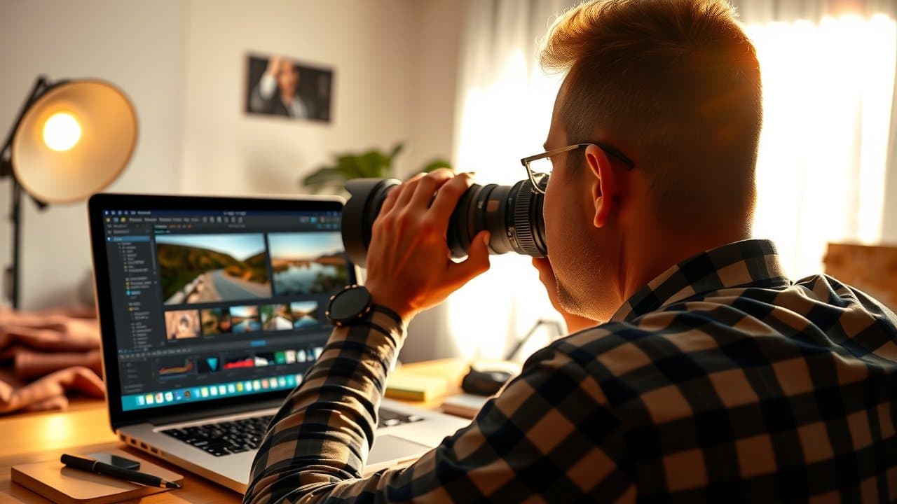 Close-up of a photographer adjusting camera lens in a sunlit studio, focusing on a blank canvas, soft shadows and natural light highlighting equipment details., No infographics and no text