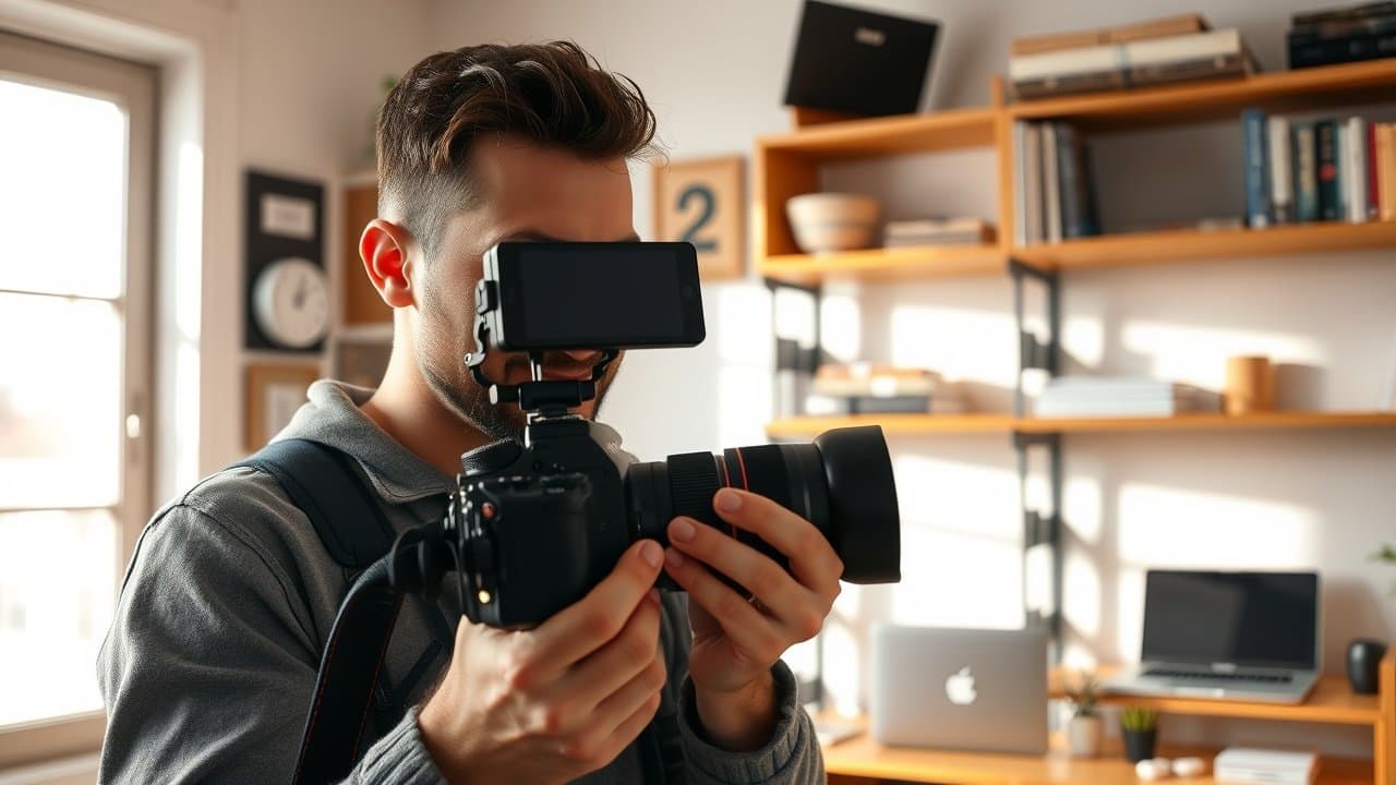 Close-up of a photographer adjusting camera settings in a sunlit studio, surrounded by props like books and laptops on wooden shelves., No infographics and no text