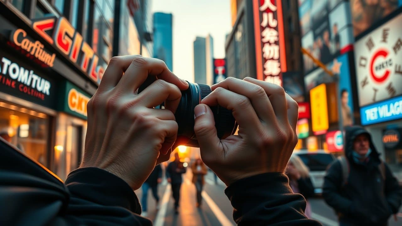 Close-up of a photographer adjusting camera lens in a bustling urban street at golden hour, capturing sharp details of passing pedestrians and neon signs., No infographics and no text