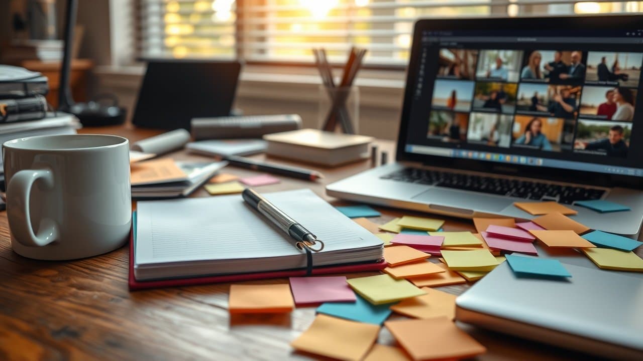 Close-up of a wooden desk cluttered with coffee mug, notebook, and laptop screen showing image thumbnails, warm morning sunlight streaming through window blinds onto scattered colorful sticky notes., No infographics and no text