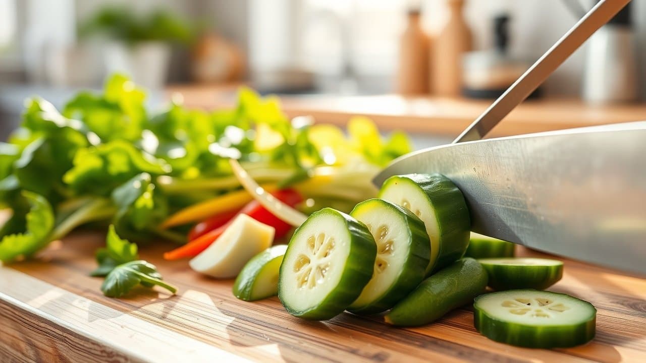 Close-up of fresh green vegetables on wooden cutting board in sunlit kitchen, knife slicing cucumber, water droplets glistening., No infographics and no text