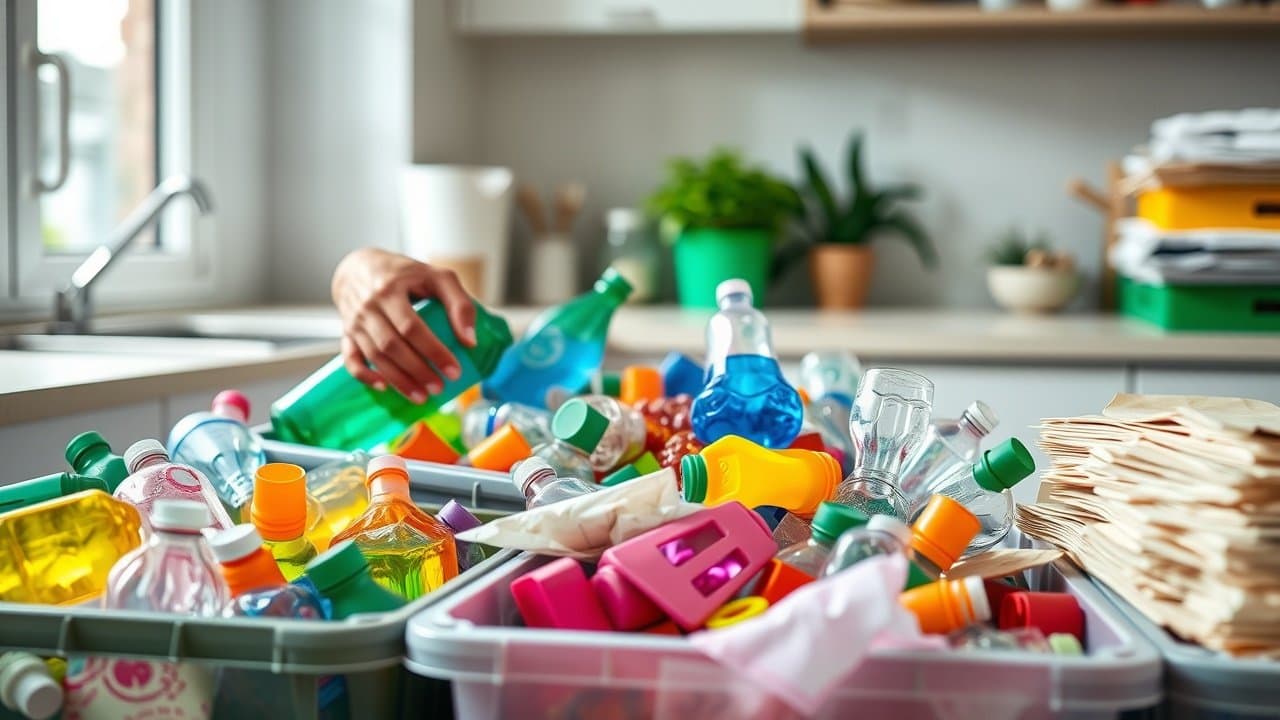 Close-up of hands sorting colorful recyclable materials into bins in a bright kitchen, natural light from window highlighting plastic bottles and paper stacks., No infographics and no text