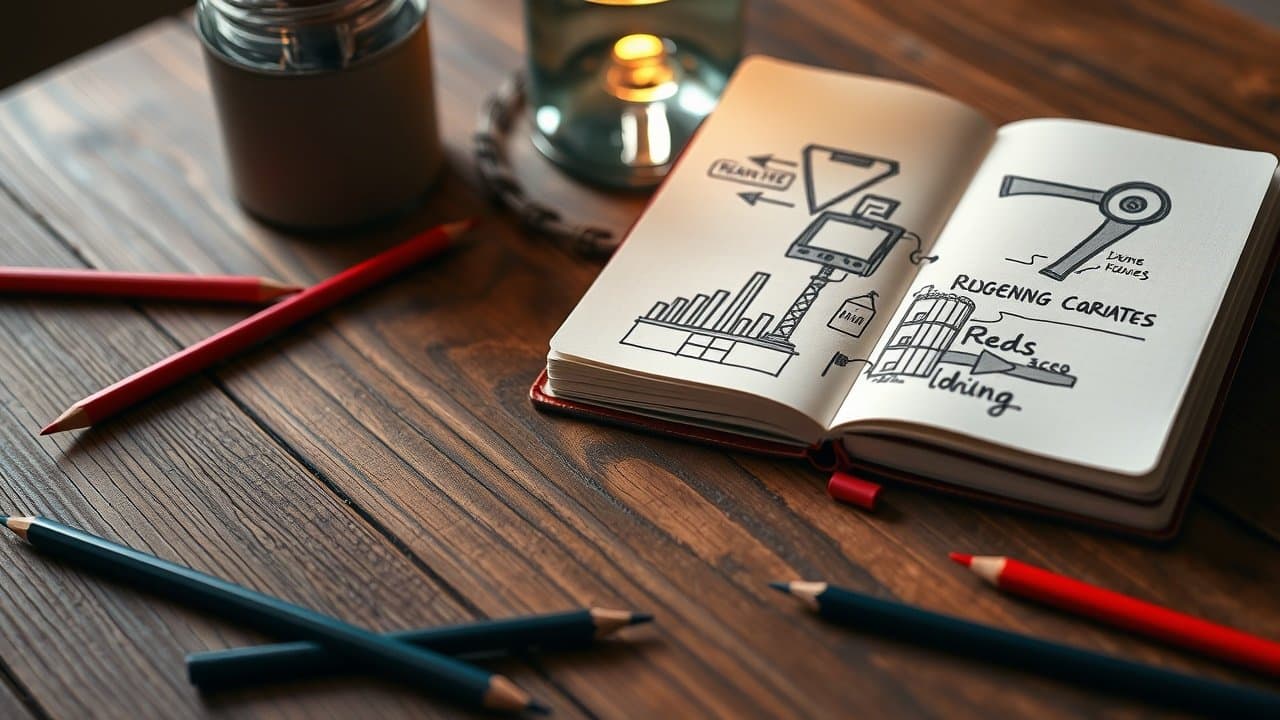 Close-up of wooden table with notebook open to sketched scene ideas, surrounded by scattered colored pencils and soft lamp light., No infographics and no text