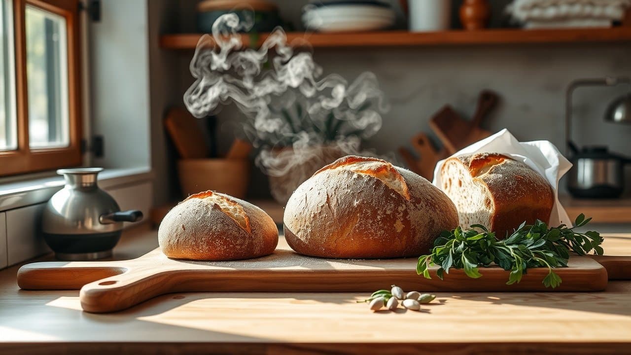 Cozy kitchen counter with fresh baked bread, steam rising, wooden board and herbs nearby, soft morning light from window highlighting textures., No infographics and no text