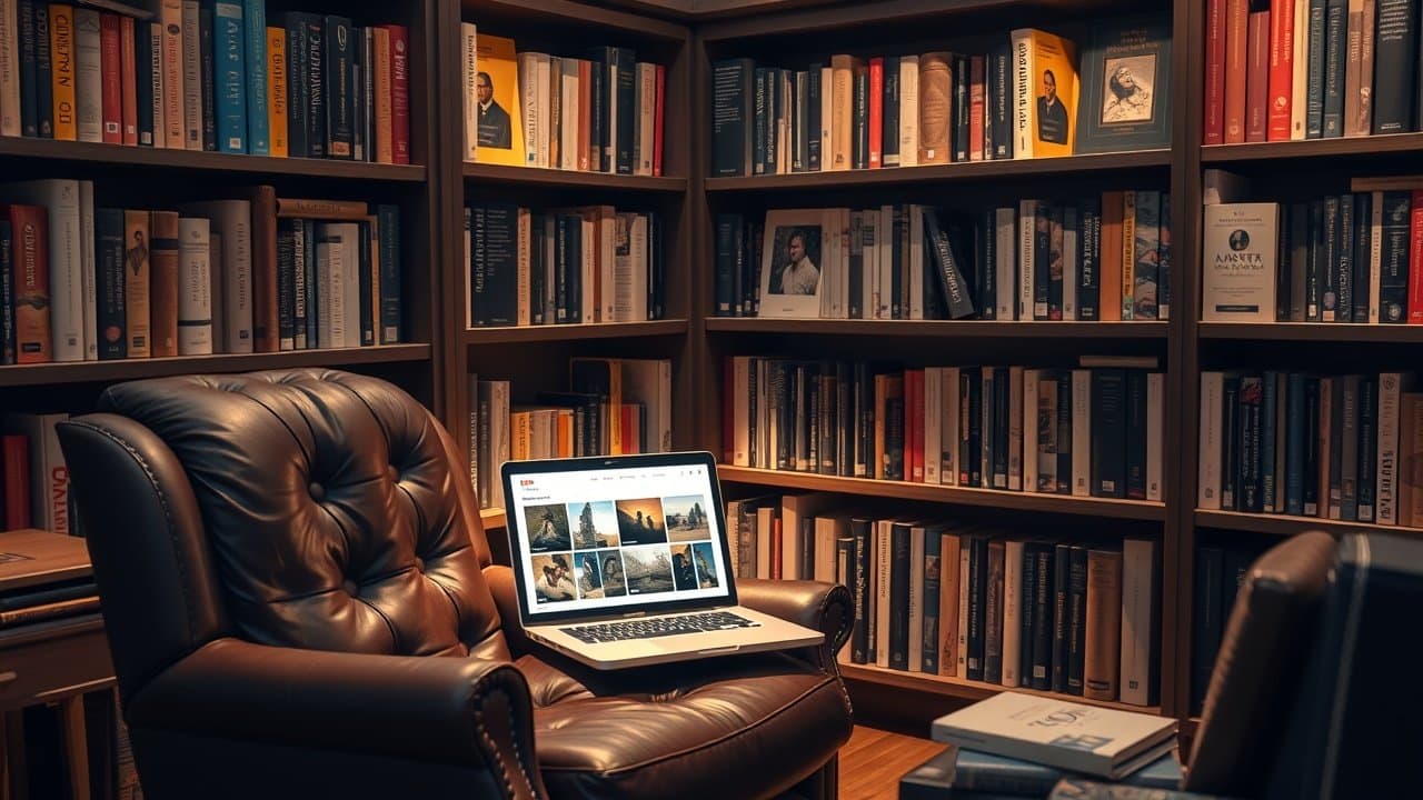 Cozy library corner with leather armchair, open laptop showing image thumbnails, bookshelves filled with visual art references in dim ambient light., No infographics and no text