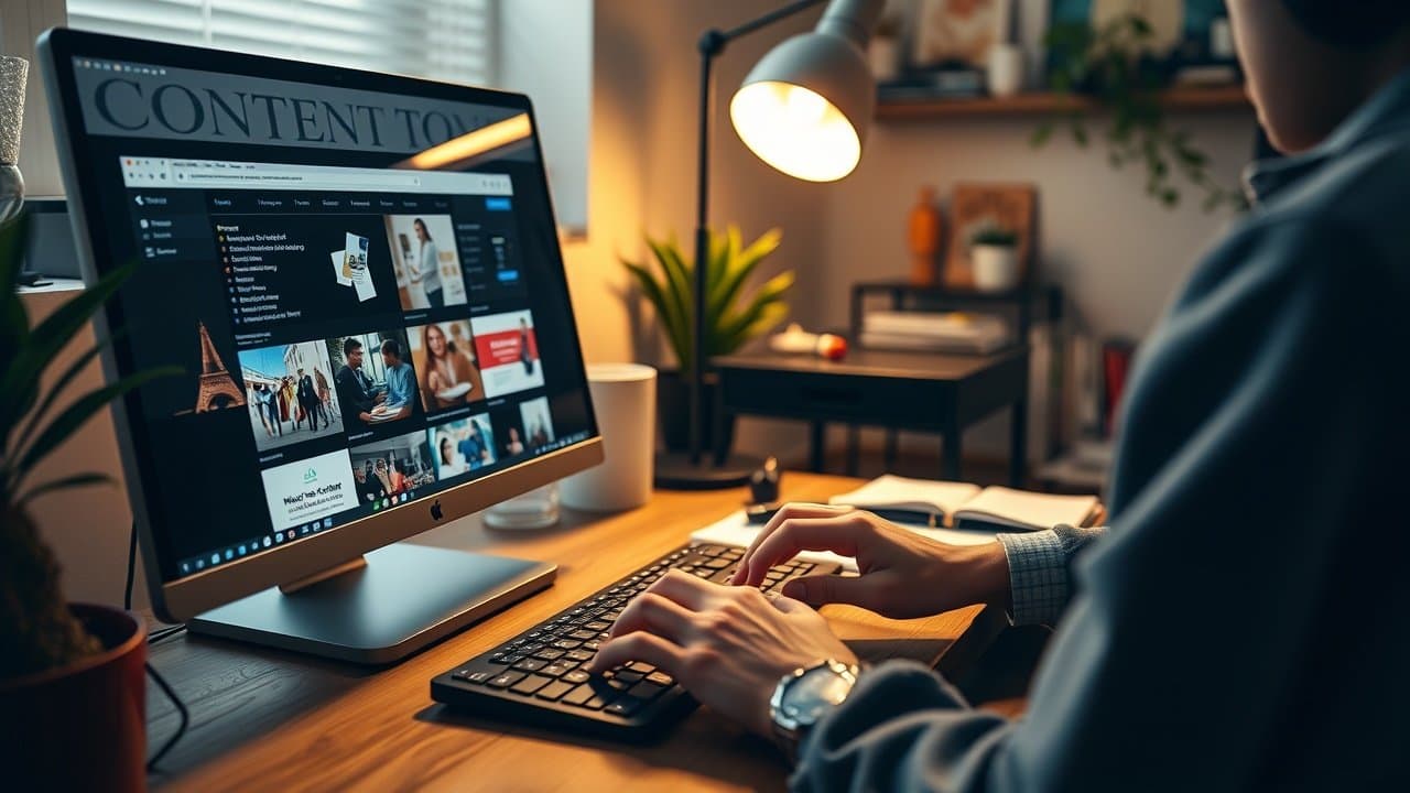 Dynamic scene of a content creator typing on keyboard in cozy home office, screen reflecting vibrant product photos, warm lamp light highlighting notes on image optimization., No infographics and no text