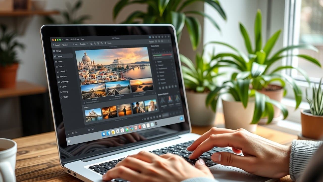 Laptop screen showing image editing software with a landscape photo being optimized, hands typing keywords, coffee mug nearby on desk, natural window light., No infographics and no text