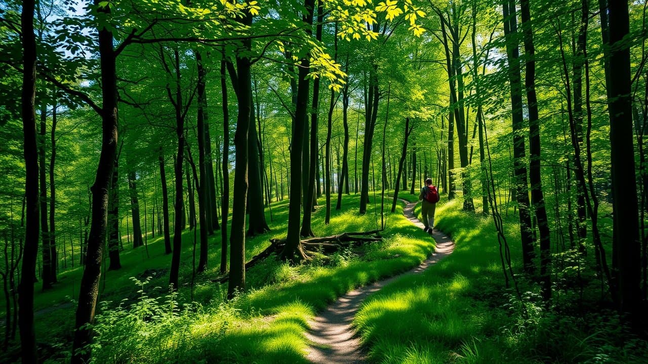 Lush green forest path winding through tall trees, sunlight filtering through leaves, a hiker in the distance carrying a backpack., No infographics and no text