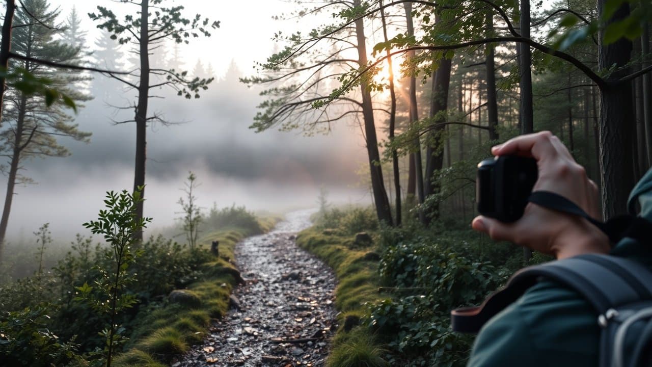 Outdoor forest path at dawn, hiker with backpack viewing misty landscape through camera viewfinder, dew-kissed leaves and sunlight filtering through trees., No infographics and no text