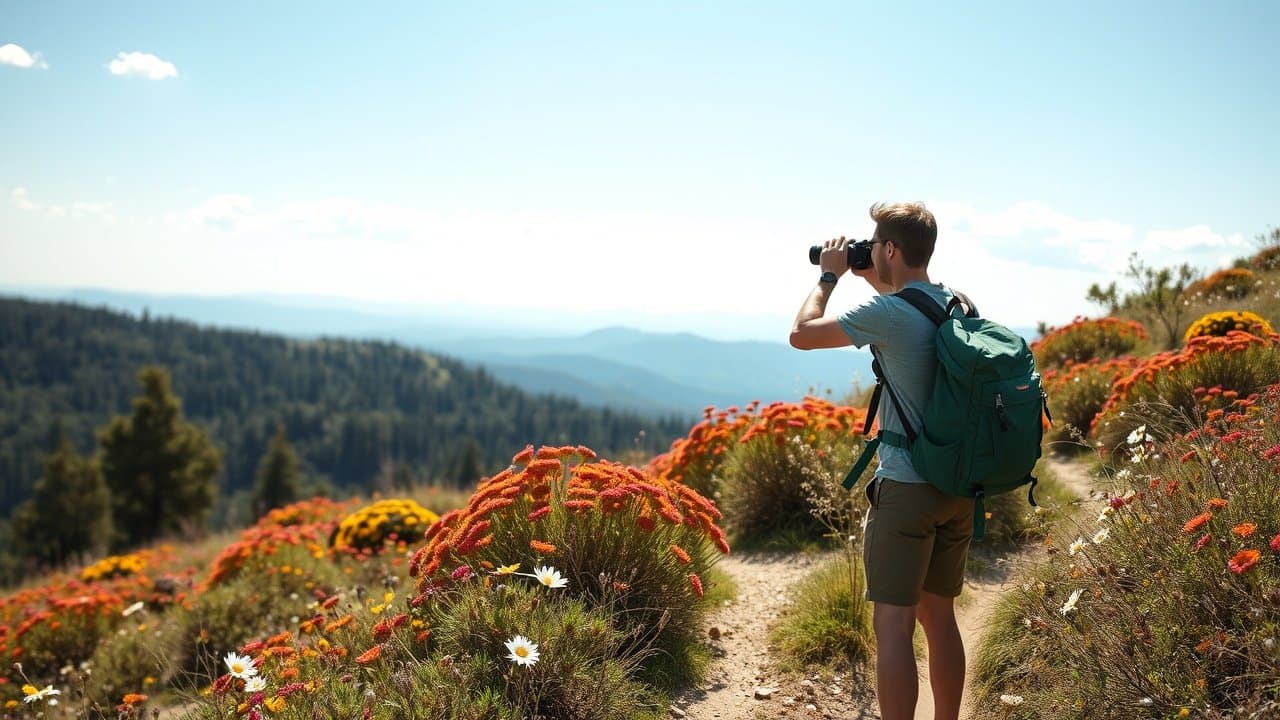 Outdoor nature trail with hiker pausing to photograph wildflowers under blue sky, backpack nearby, emphasizing authentic scenic imagery., No infographics and no text