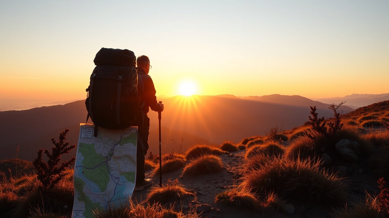 Outdoor scene of hiker on mountain trail at sunrise, backpack and map in foreground, golden light casting long shadows., No infographics and no text