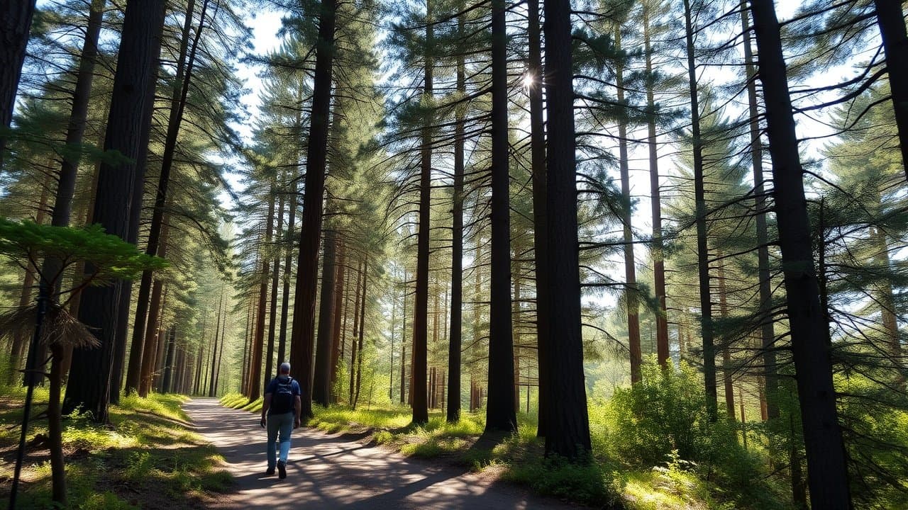 Serene forest path lined with tall pine trees, dappled sunlight filtering through leaves, hiker in background carrying backpack, mossy ground, crisp morning mist., No infographics and no text