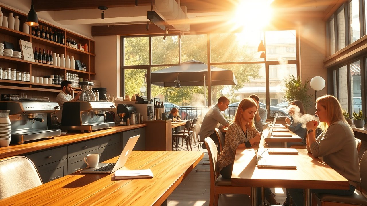Sunlit coffee shop interior with barista pouring latte art, customers chatting over laptops, steam rising from fresh brews, warm wooden tables and plants., No infographics and no text