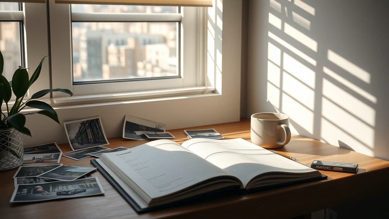 Sunlit workspace with open notebook, scattered photographs of urban scenes and nature, coffee mug nearby, soft morning light filtering through blinds., No infographics and no text