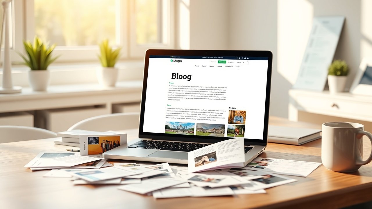 Vibrant blog post on laptop screen in sunlit workspace, surrounded by scattered keywords on paper, colorful images popping from display, modern desk with coffee mug., No infographics and no text