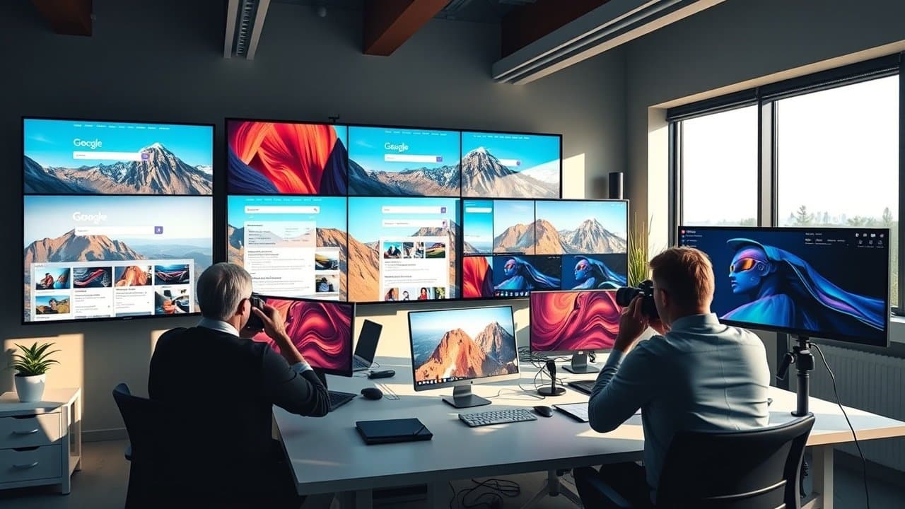 Vibrant digital workspace with large screens showing colorful images topping search engine results, soft natural light, focused professionals adjusting camera settings nearby., No infographics and no text