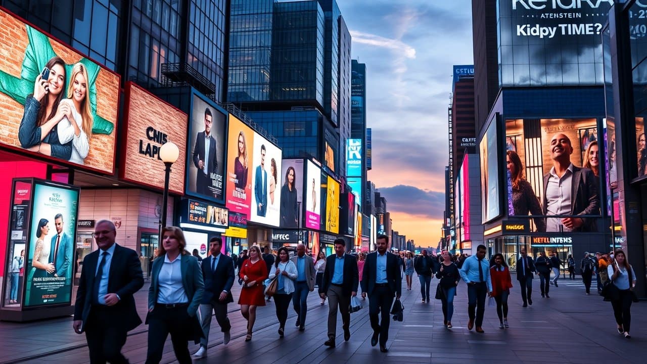 Vibrant urban street at dusk with diverse professionals walking past glowing digital billboards displaying colorful ads, capturing city energy and modern advertising., No infographics and no text