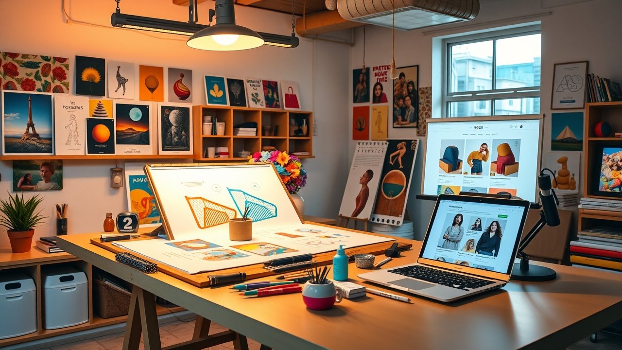 A bustling creative studio with a designer sketching vibrant product images on a large drafting table under warm overhead lights, surrounded by colorful prints and a laptop displaying webpage mockups., No infographics and no text