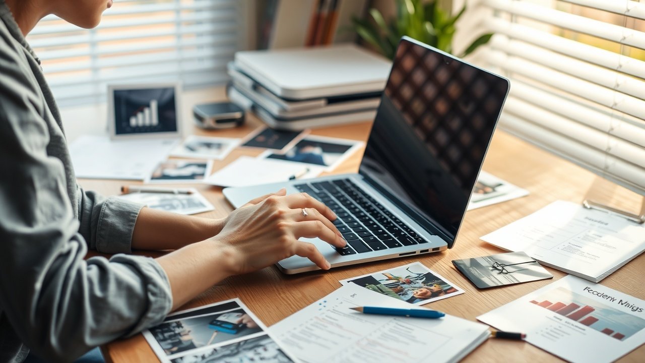 A content creator typing on a laptop amidst scattered photographs and keyword lists on a wooden desk, soft afternoon sunlight filtering through blinds., No infographics and no text