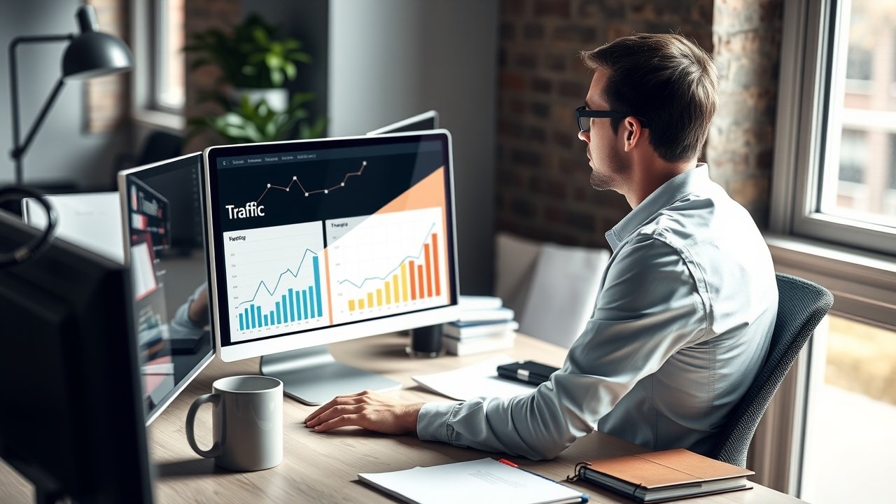 A focused marketer analyzing website traffic charts on a computer screen in a modern office, illuminated by natural window light, with coffee mug and notebooks nearby., No infographics and no text