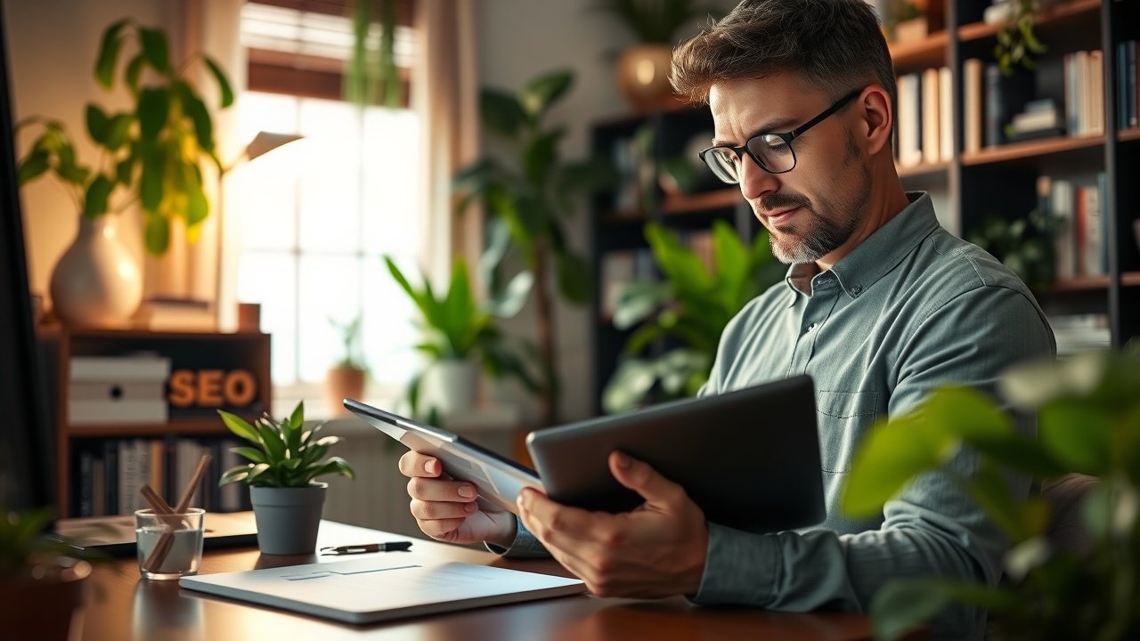 An SEO expert reviewing optimized blog images on a tablet in a cozy home office, surrounded by plants and bookshelves under gentle lamp glow., No infographics and no text
