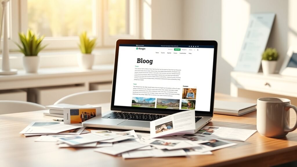 Vibrant blog post on laptop screen in sunlit workspace, surrounded by scattered keywords on paper, colorful images popping from display, modern desk with coffee mug., No infographics and no text