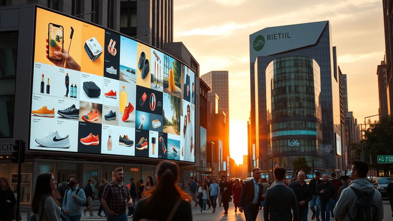 A bustling city street at dusk with a large LED screen showcasing diverse product photos, pedestrians glancing up, warm ambient lighting casting long shadows., No infographics and no text