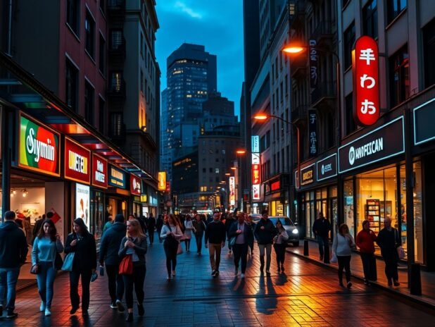 A bustling city street at dusk with glowing neon signs on shop windows, diverse pedestrians carrying shopping bags, warm streetlights casting long shadows on wet pavement after rain., No infographics and no text
