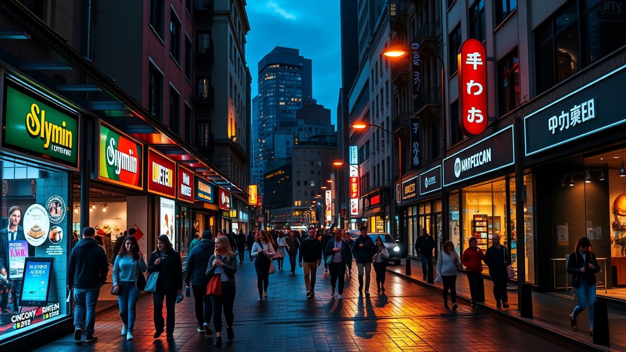 A bustling city street at dusk with glowing neon signs on shop windows, diverse pedestrians carrying shopping bags, warm streetlights casting long shadows on wet pavement after rain., No infographics and no text