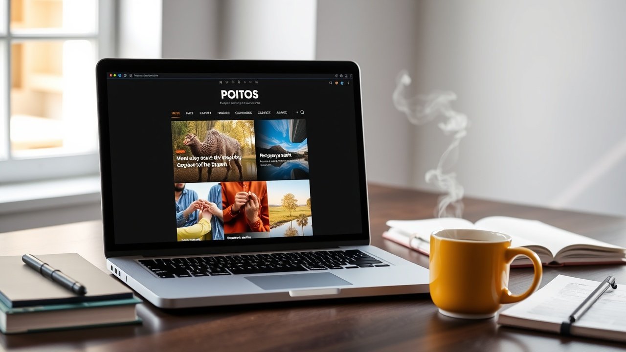 A modern desk with a laptop displaying a colorful blog post featuring vibrant images, surrounded by notebooks, a steaming coffee mug, and soft window light illuminating the workspace., No infographics and no text