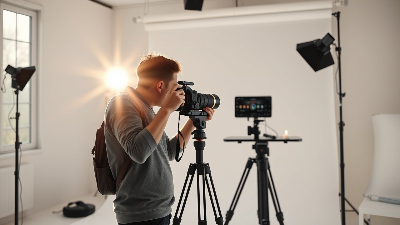 A professional photographer in a sunlit studio adjusting camera settings on a tripod aimed at a product display, soft shadows on white backdrop., No infographics and no text