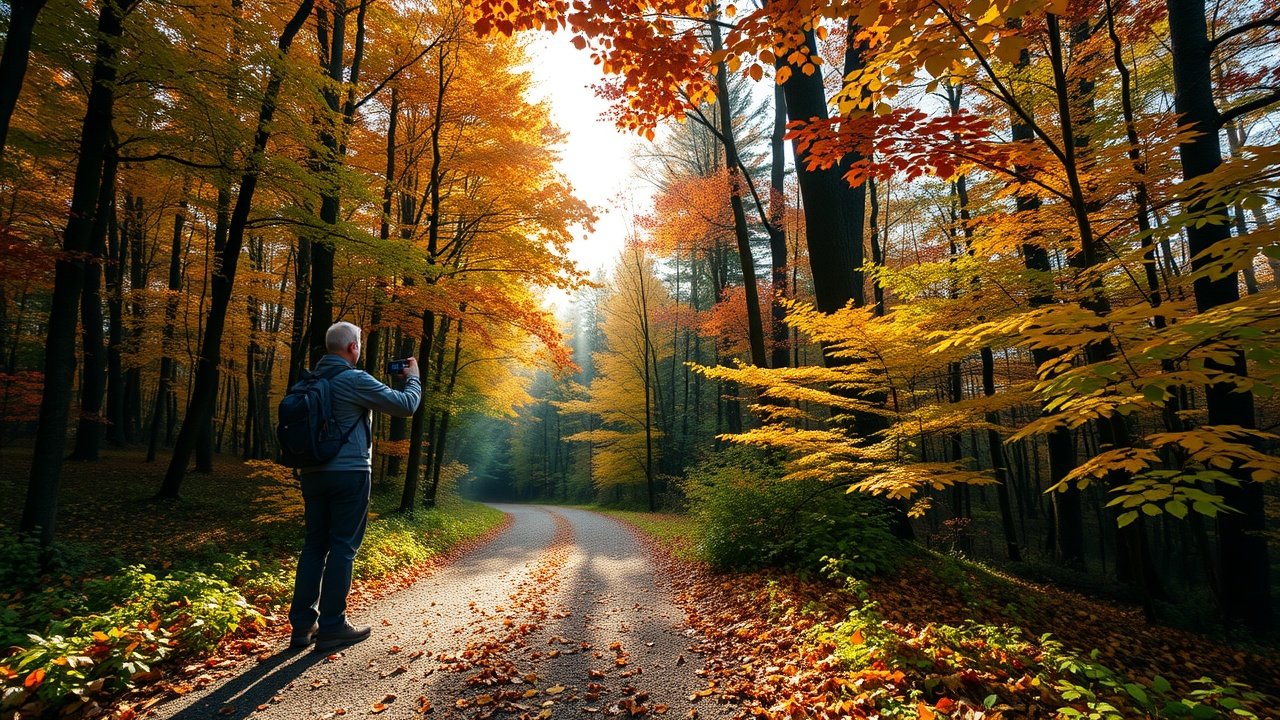 A serene forest path lined with autumn leaves, sunlight piercing through canopy, a hiker pausing to photograph vibrant foliage with a smartphone., No infographics and no text