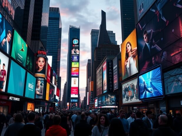 A vibrant cityscape at dusk with glowing digital billboards displaying colorful images, people walking below under soft streetlights, capturing urban digital visual energy., No infographics and no text