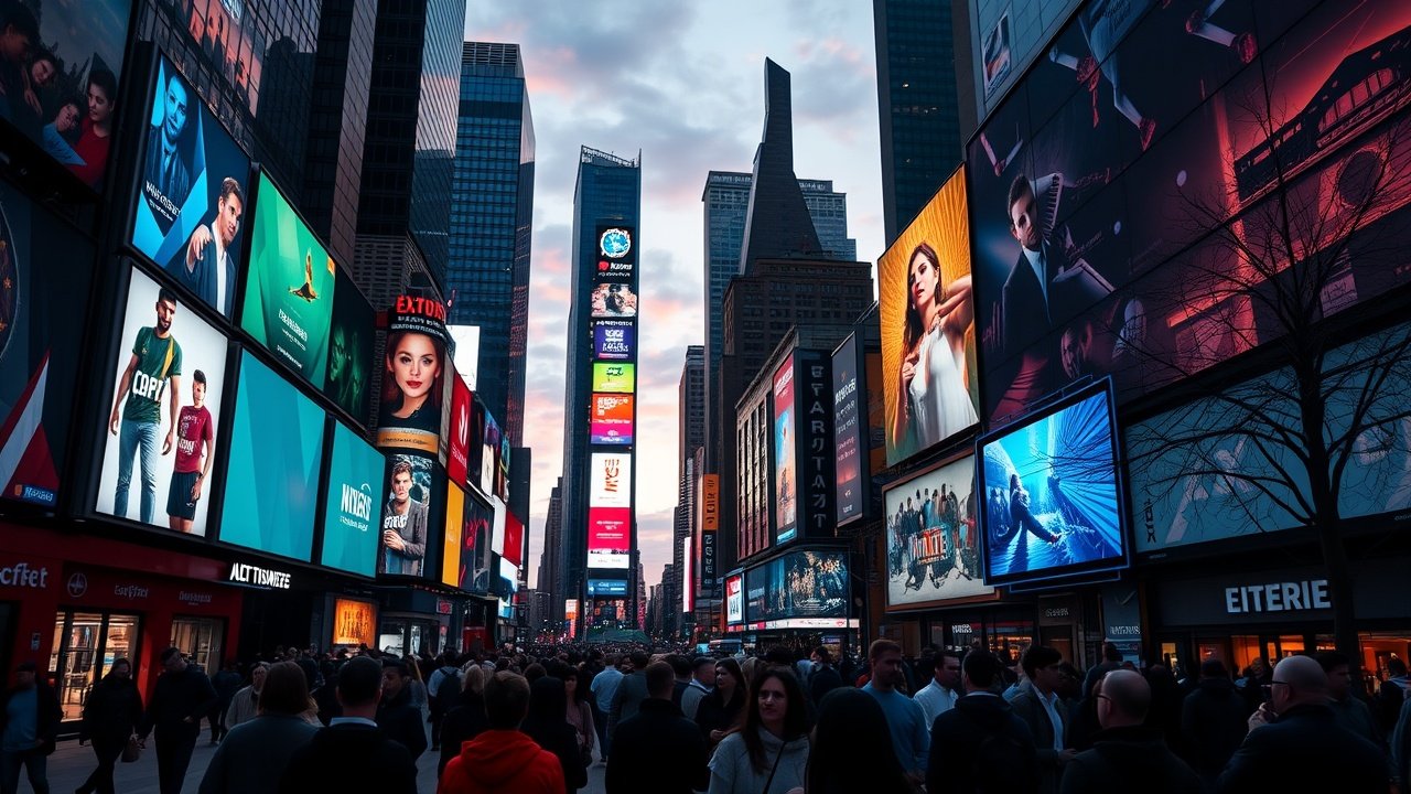 A vibrant cityscape at dusk with glowing digital billboards displaying colorful images, people walking below under soft streetlights, capturing urban digital visual energy., No infographics and no text