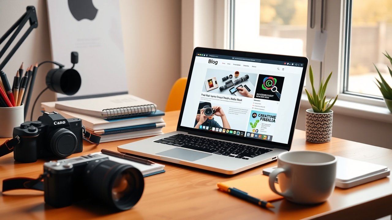 A vibrant home office desk with laptop displaying a blog page, surrounded by camera, notebooks, and coffee mug under warm natural light., No infographics and no text