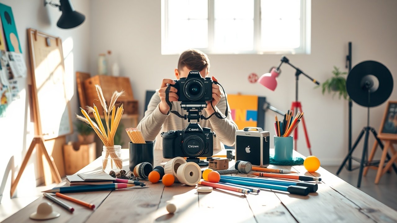 A vibrant photographer in a sunlit studio arranging colorful props and camera on a wooden table, capturing the essence of creative visual content creation., No infographics and no text