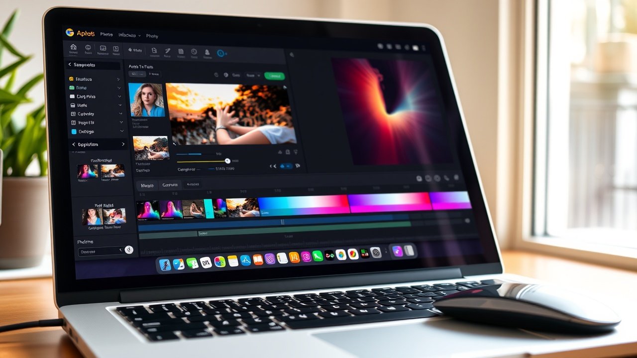 Close-up of a laptop screen showing a detailed image editing interface with vibrant photo adjustments, natural window light illuminating the keyboard and mouse., No infographics and no text