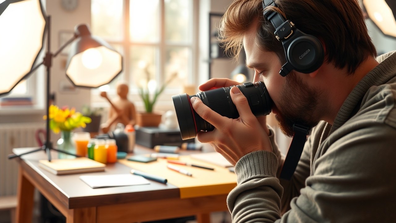 Close-up of a photographer adjusting camera lens in a sunlit studio, surrounded by colorful props and softbox lights illuminating a wooden table., No infographics and no text