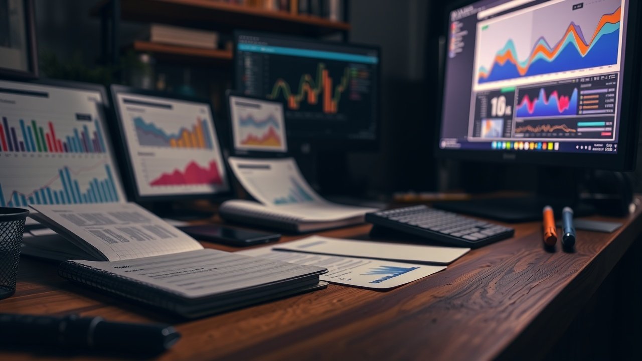 Close-up of a wooden workbench cluttered with SEO tools like keyword notebooks, analytics charts, and glowing computer screens in a dimly lit home office., No infographics and no text