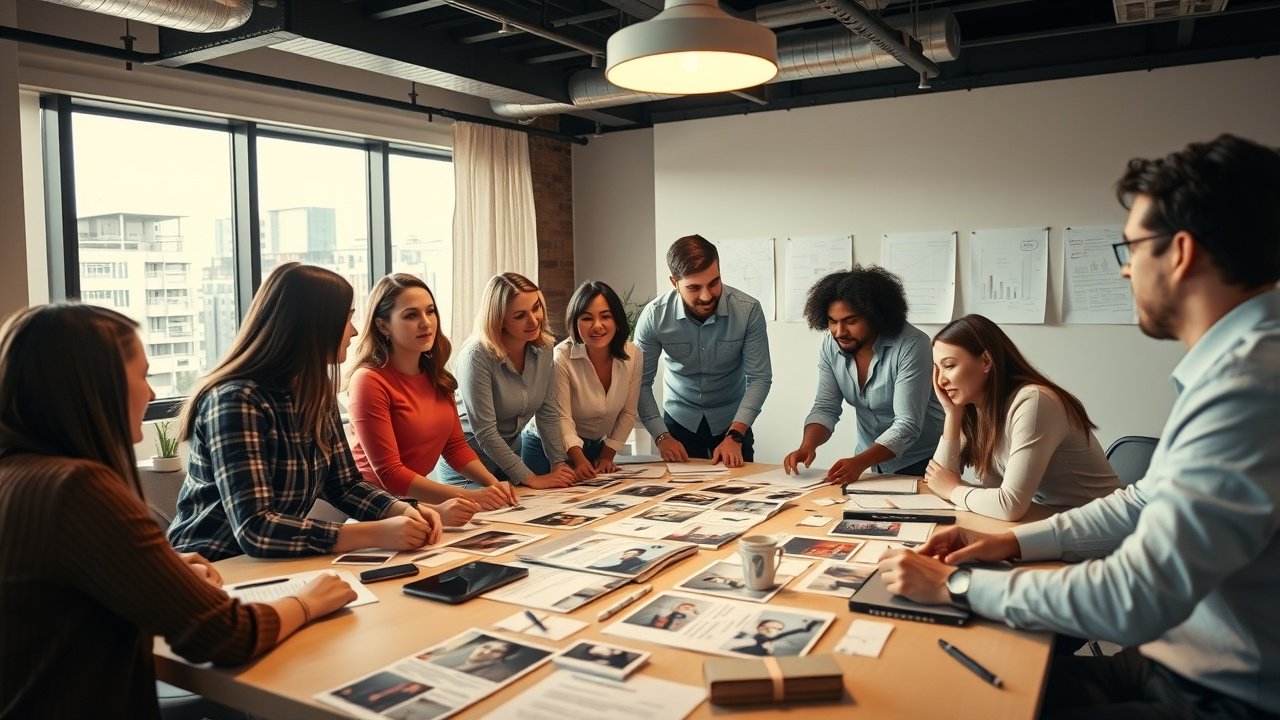 Group of diverse marketers in a modern office brainstorming around a table covered with printed images and notes, warm overhead lighting., No infographics and no text