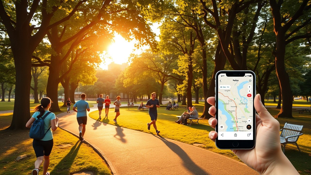 Outdoor park scene with joggers on paths, families picnicking under trees, smartphone screens showing map apps, golden hour sunlight filtering through leaves., No infographics and no text