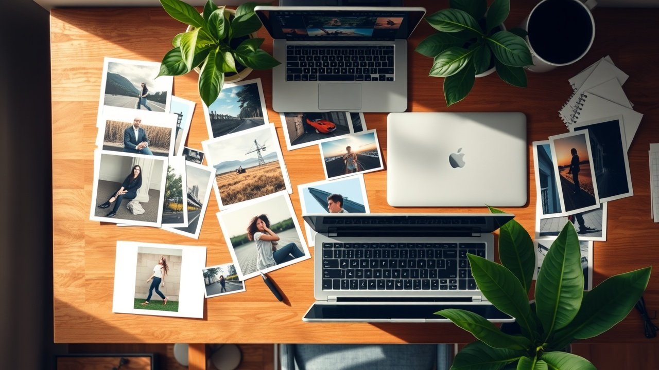 Overhead view of a wooden desk cluttered with printed images, laptop open to photo editor, natural window light filtering in on green plants., No infographics and no text