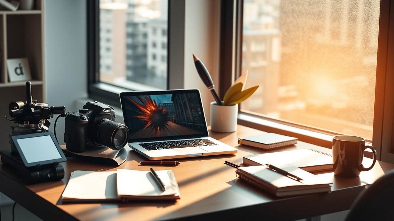 Sunlit modern office desk cluttered with camera, laptop displaying vibrant photo, notebooks, and coffee mug under warm window light., No infographics and no text