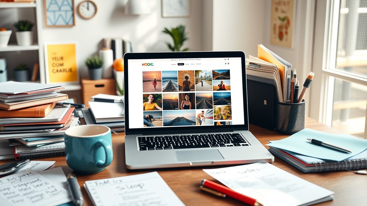 A cluttered desk in a sunlit home office with a laptop displaying a vibrant blog post featuring colorful images, surrounded by notebooks, coffee mug, and SEO keyword notes, capturing creative content creation., No infographics and no text